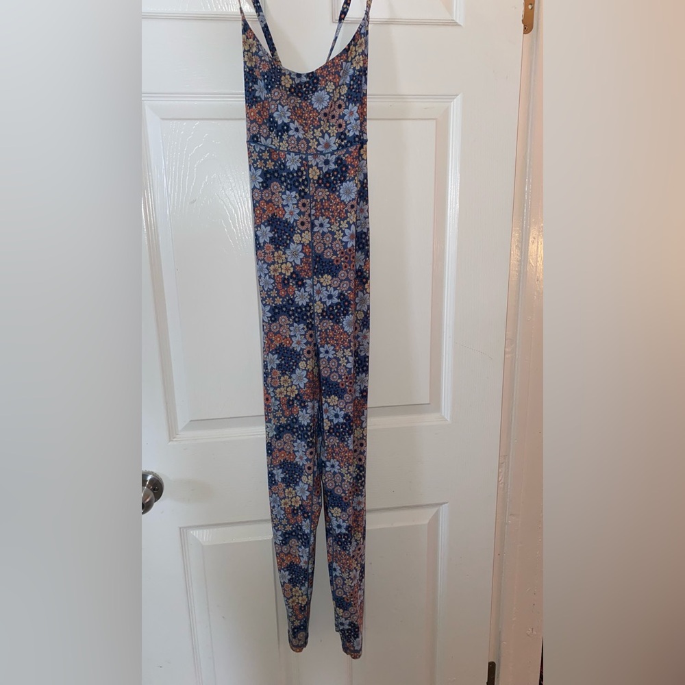 Aerie Offline Blue Floral Cross Back Athletic Bodysuit Jumpsuit